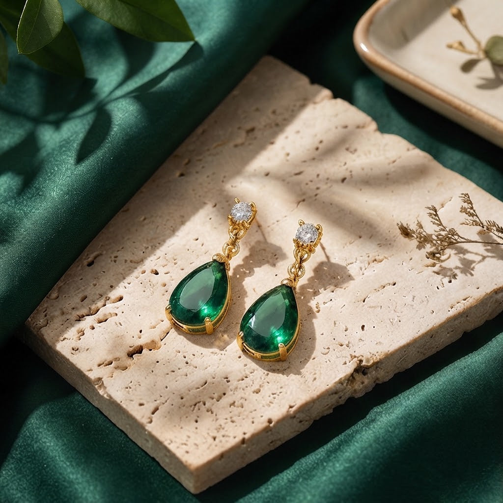 Emerald Teardrop Crystal Gold Drop Earrings