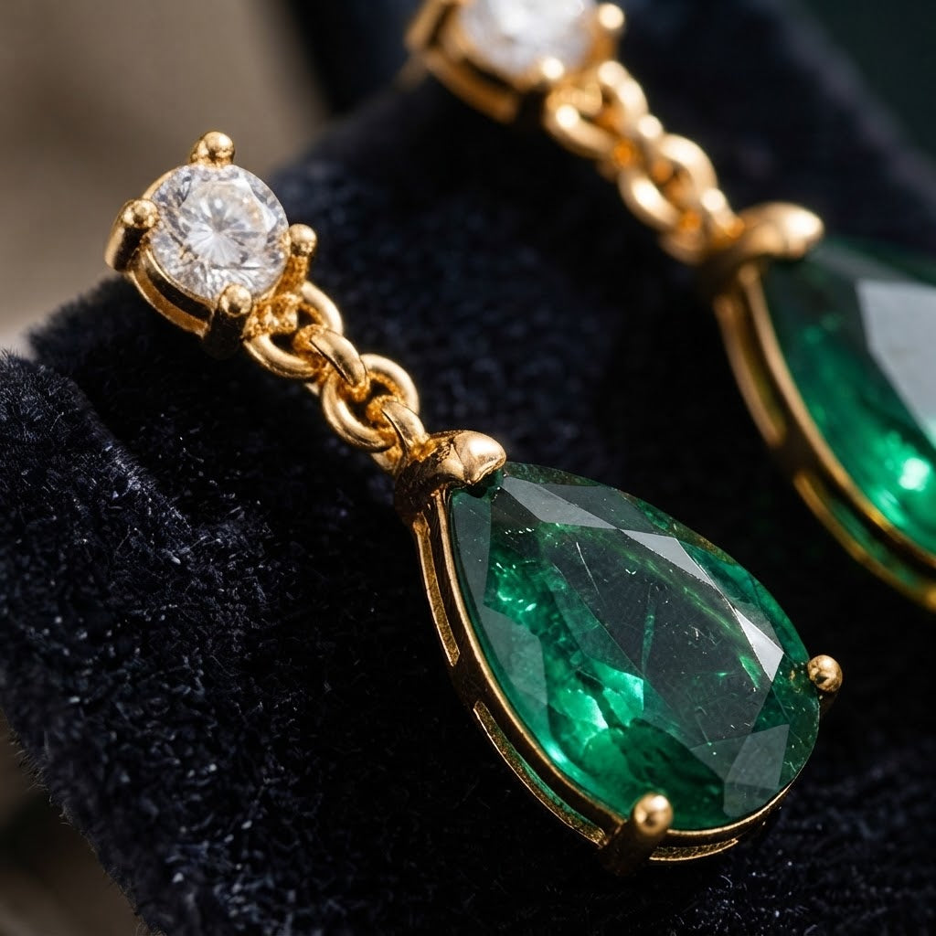Emerald Teardrop Crystal Gold Drop Earrings