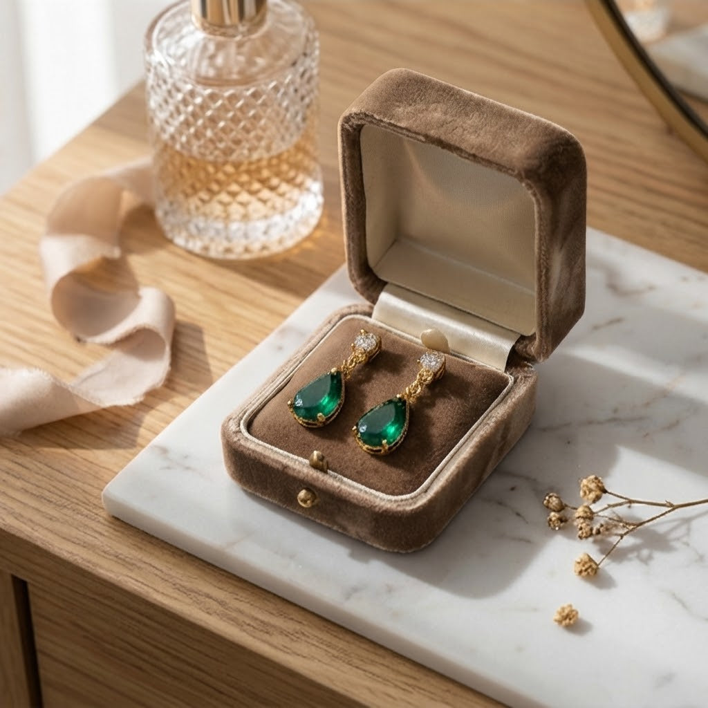Emerald Teardrop Crystal Gold Drop Earrings