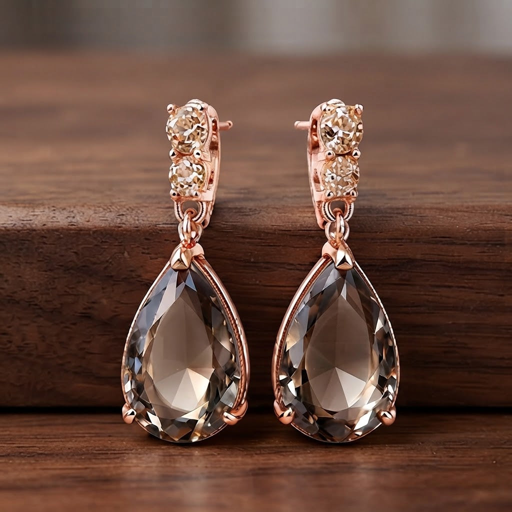 Champagne Teardrop Crystal Rose Gold Drop Earrings