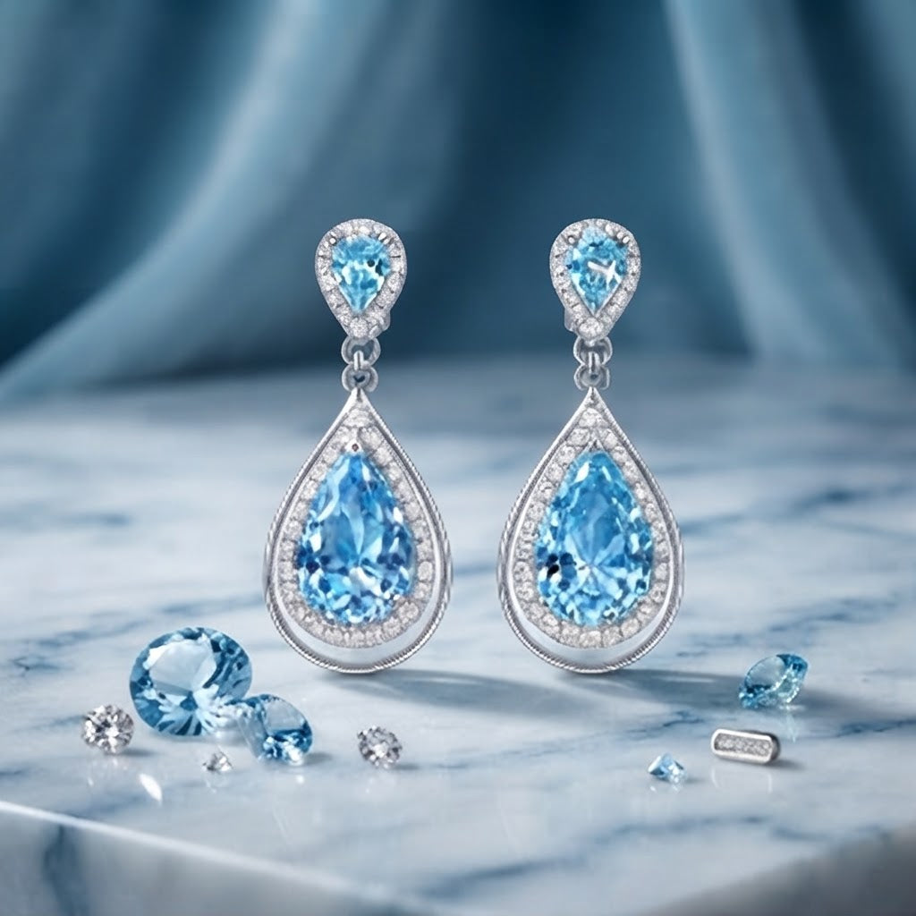 Aqua Teardrop Halo Crystal Drop Earrings