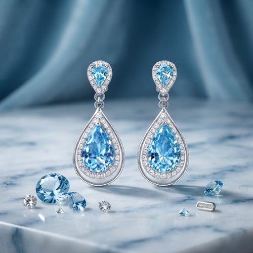 Aqua Teardrop Halo Crystal Drop Earrings