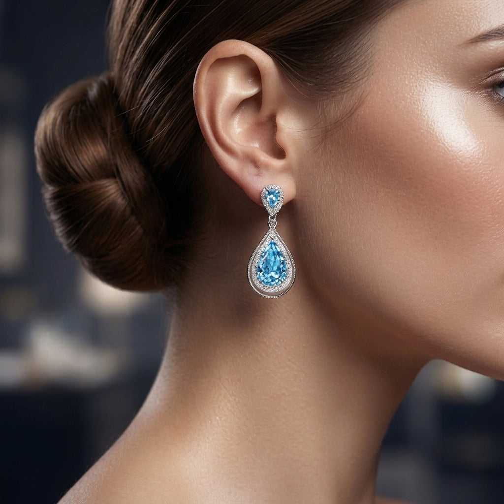 Aqua Teardrop Halo Crystal Drop Earrings
