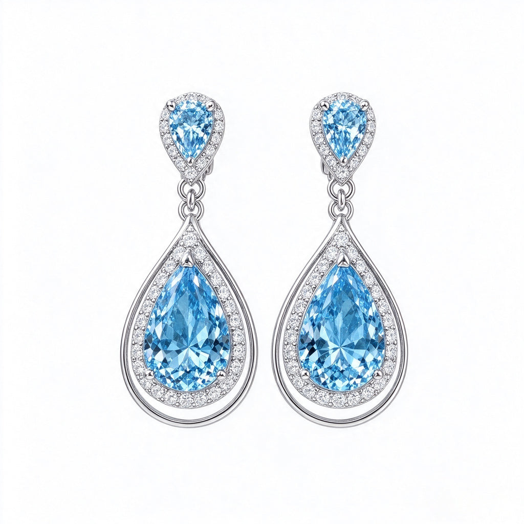 Aqua Teardrop Halo Crystal Drop Earrings
