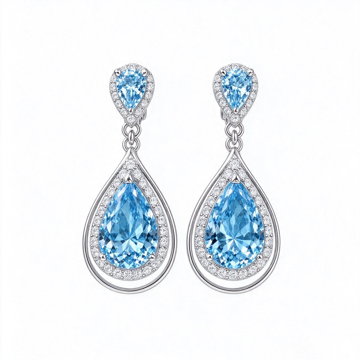 Aqua Teardrop Halo Crystal Drop Earrings