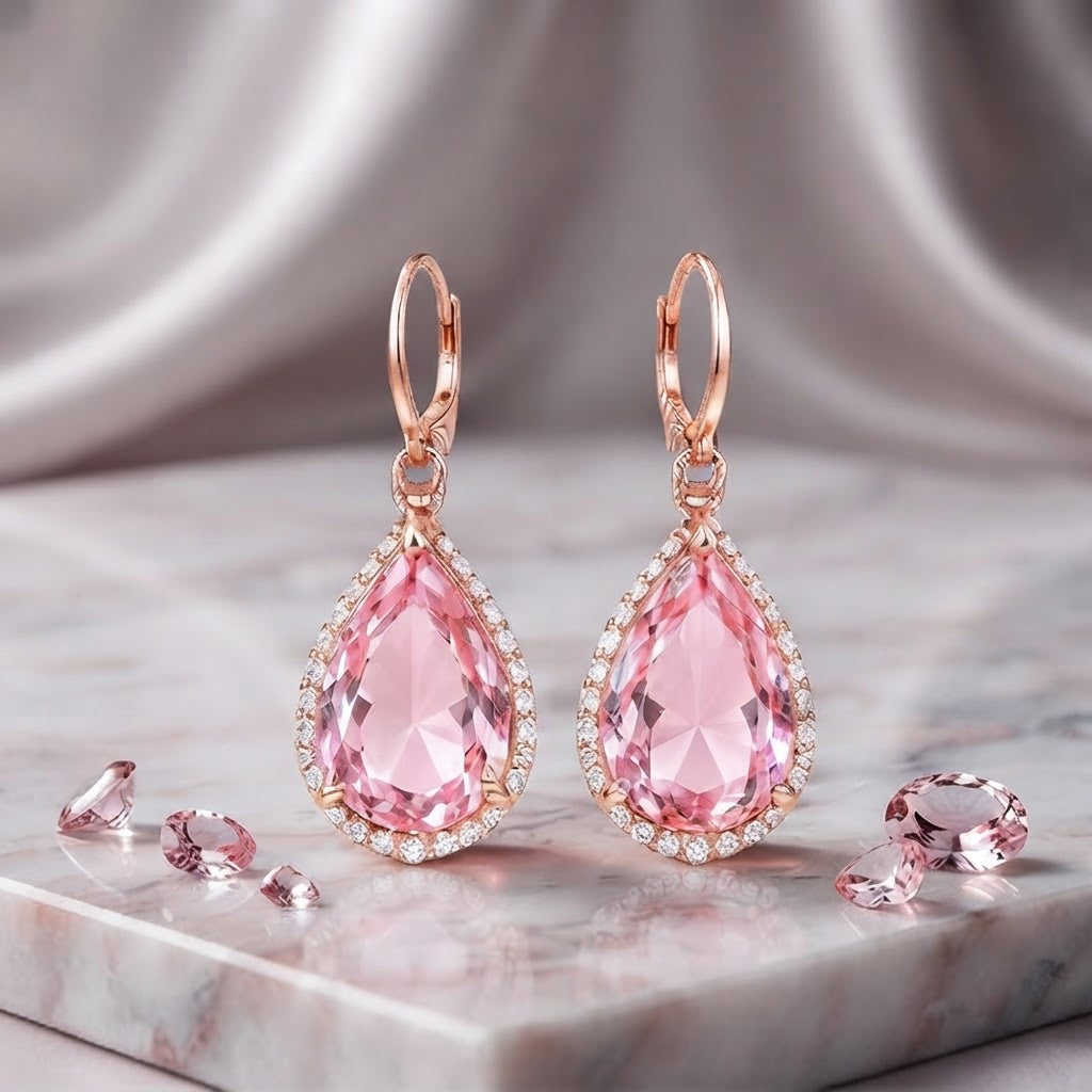 Pink Teardrop Halo Crystal Drop Earrings
