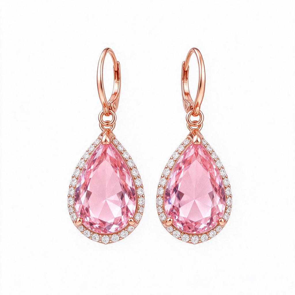 Pink Teardrop Halo Crystal Drop Earrings