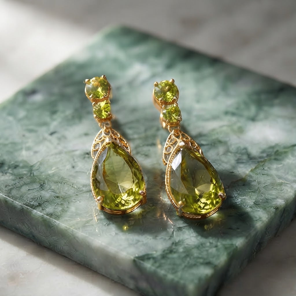 Olive Green Teardrop Crystal Vintage Drop Earrings