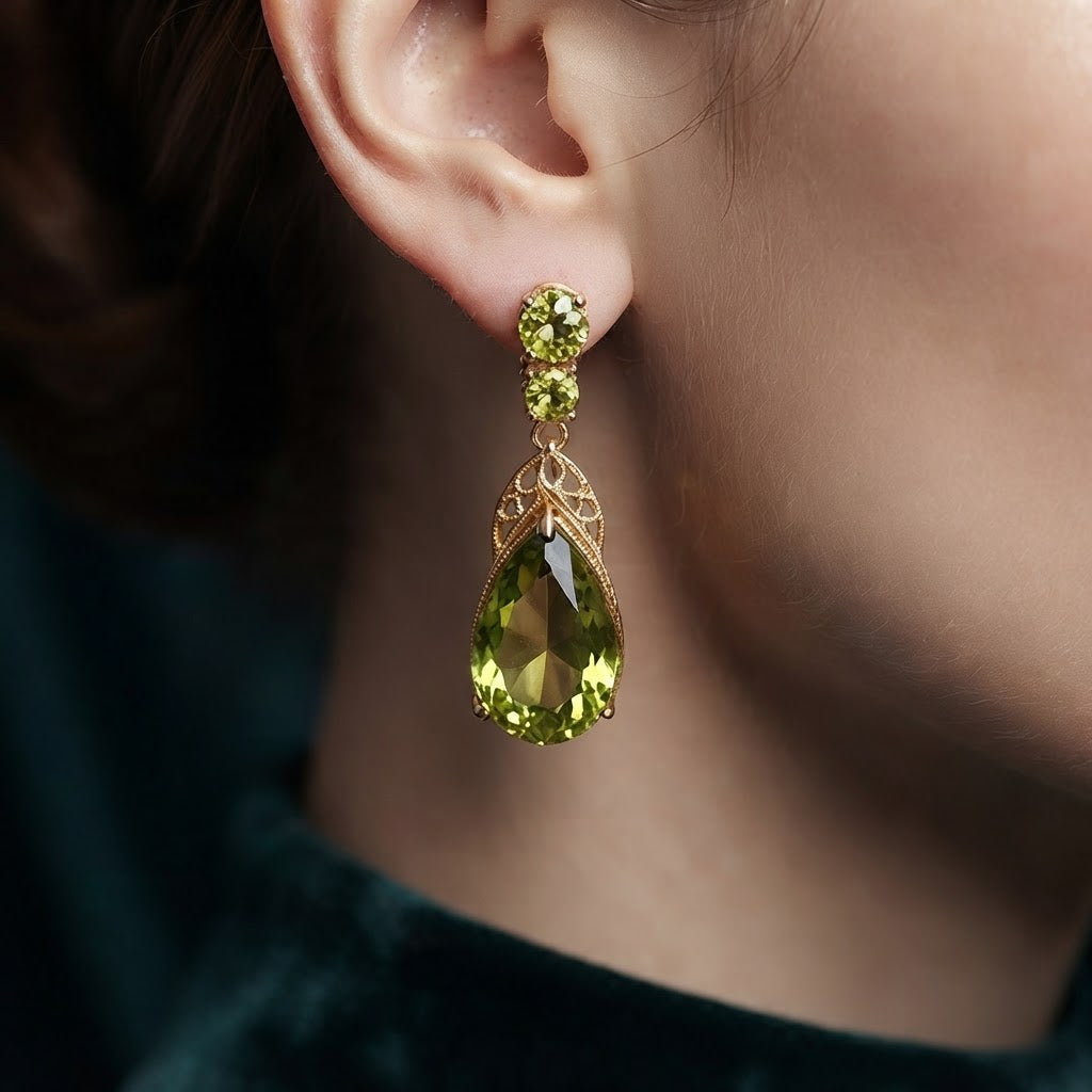 Olive Green Teardrop Crystal Vintage Drop Earrings