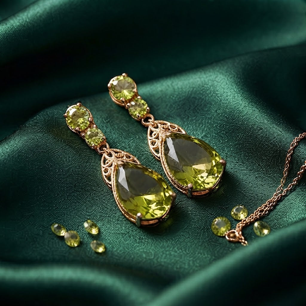 Olive Green Teardrop Crystal Vintage Drop Earrings