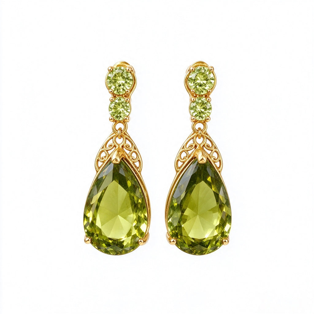 Olive Green Teardrop Crystal Vintage Drop Earrings