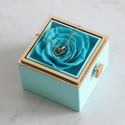 Top view of the blue elegant rose jewelry gift box with a luxurious finish and beautiful presentation