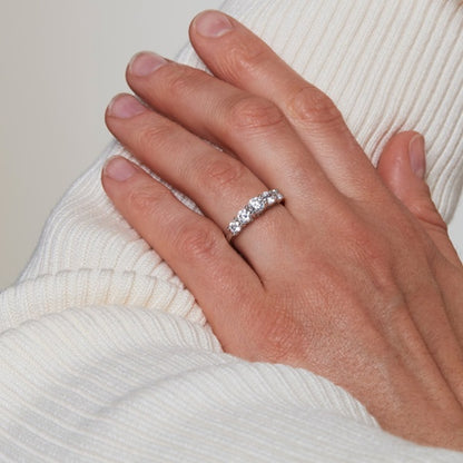 Lustrous Silver 5-Stone Moissanite Ring presented in an elegant luxury gift box.