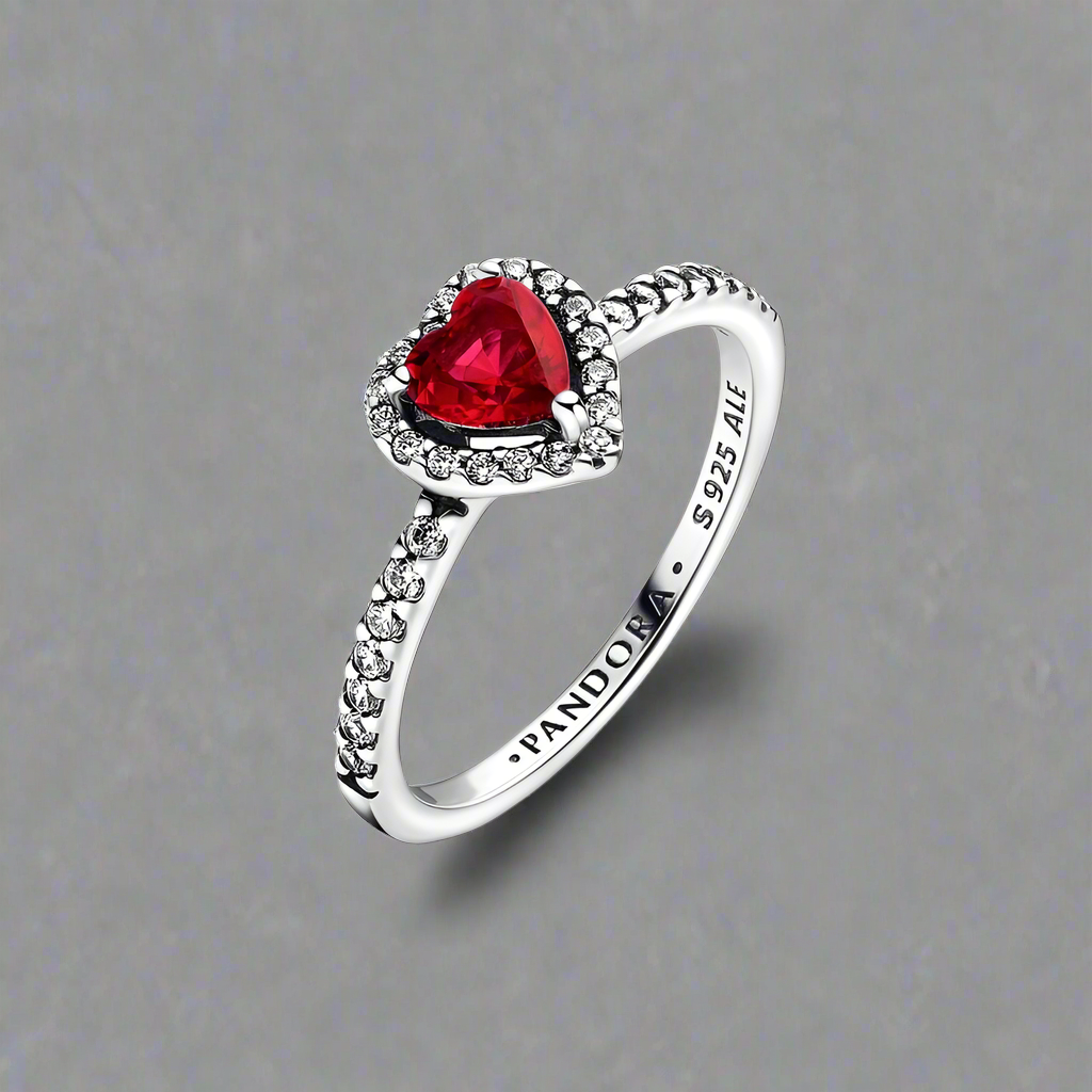 Close-up of the Radiant Ruby Heart Ring, featuring the intricate details of the heart-shaped ruby and sterling silver band.