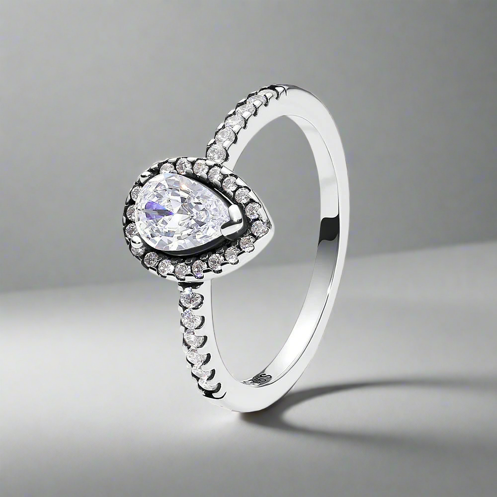 Front view of the Radiant Teardrop Ring in sterling silver with a teardrop zircon centerpiece.