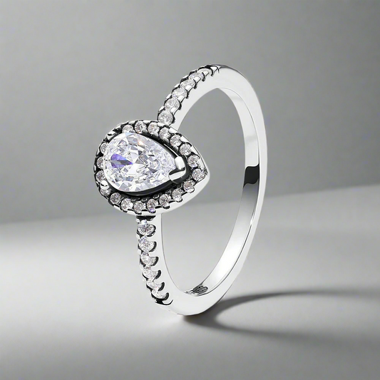 Front view of the Radiant Teardrop Ring in sterling silver with a teardrop zircon centerpiece.