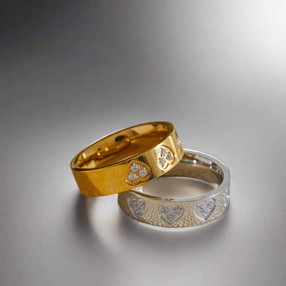 Seraphine Halo Rings in gold and silver displayed together, highlighting luxury and versatility.