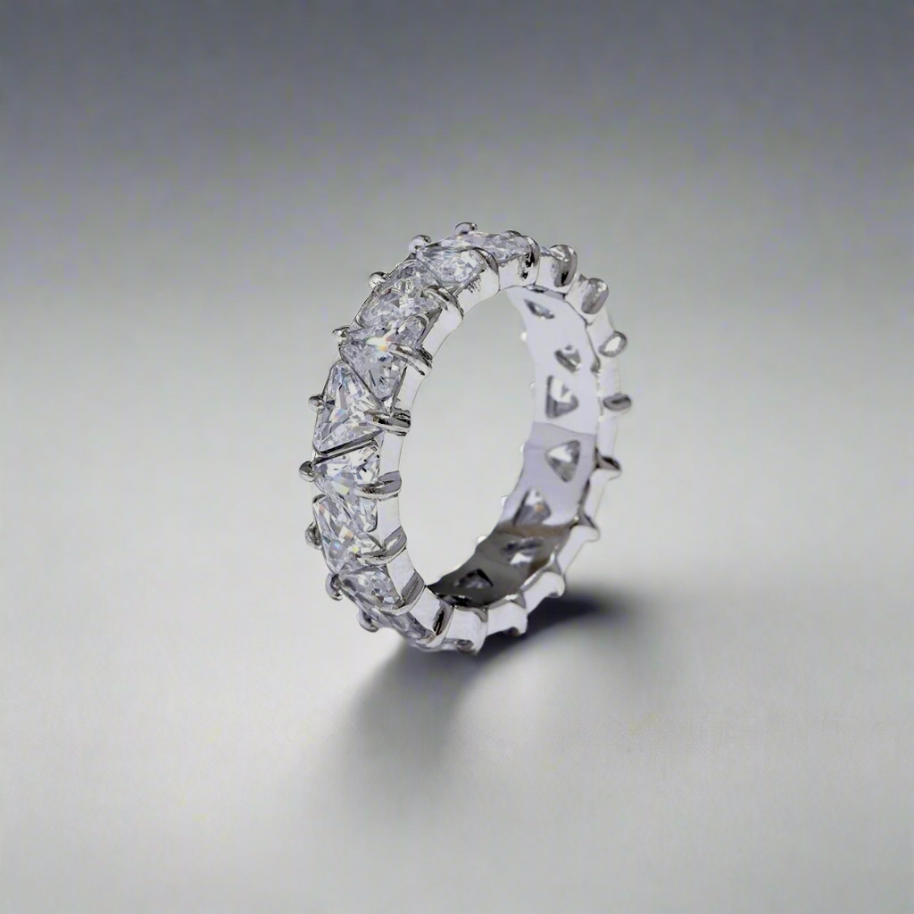 Stellar Eternity Ring in silver with geometric crystal patterns, displayed under soft lighting.