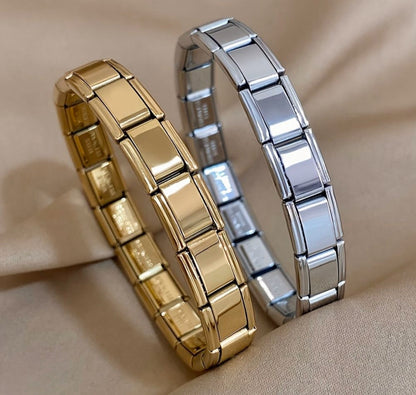 Timeless Elegance Link Bracelets in gold, silver, and rose gold finishes, stacked for a trendy accessory look.