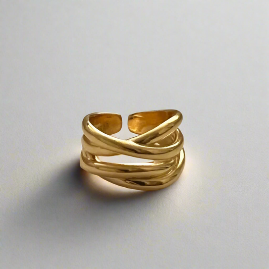 Twisted Harmony Adjustable Ring in gold finish, showcasing its elegant and modern twisted design from a front view.