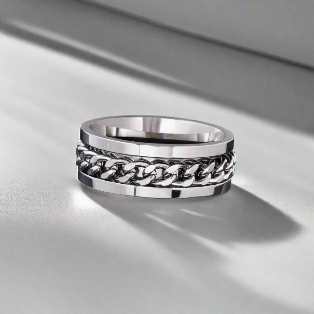 8mm stainless steel wedding band featuring an intricate infinity weave pattern.