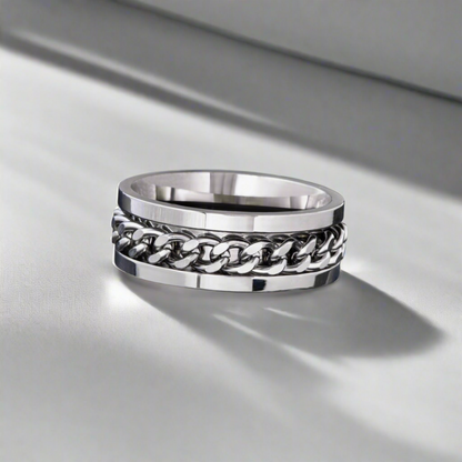 8mm stainless steel wedding band featuring an intricate infinity weave pattern.